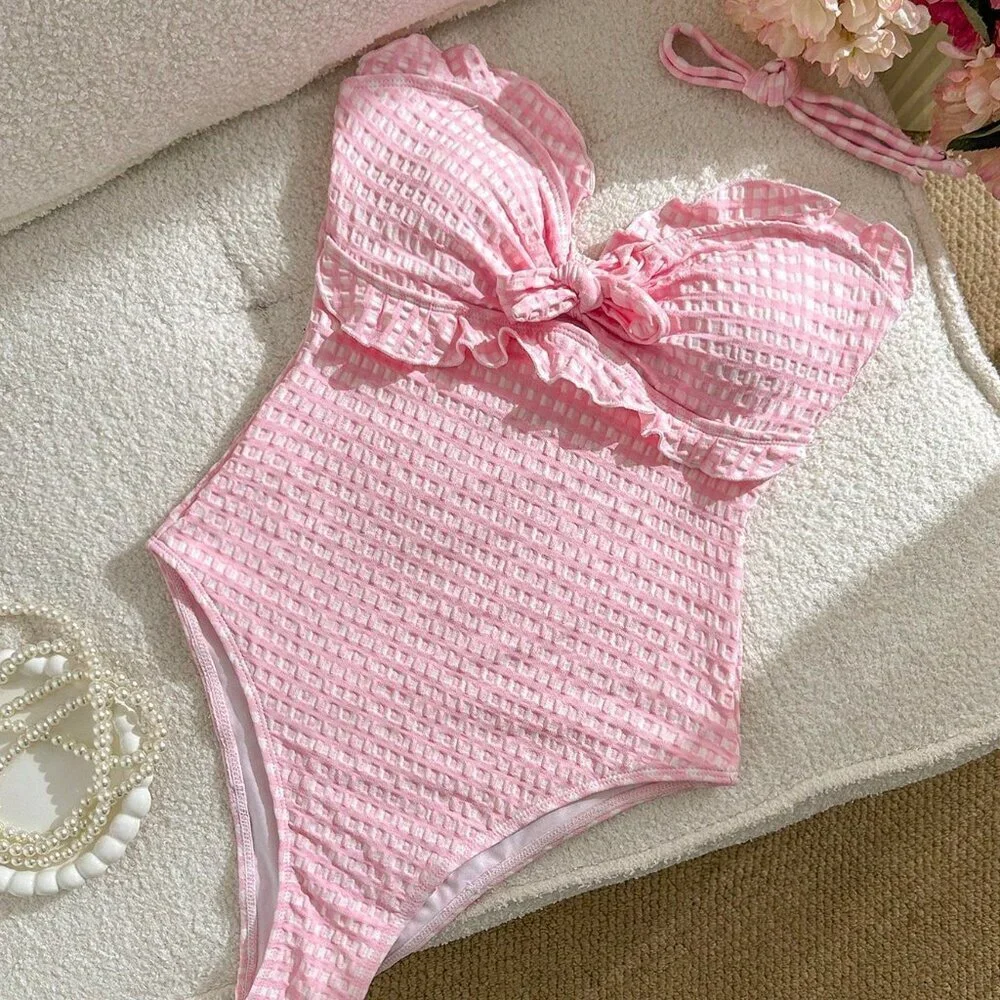 Pink Cute Special Fabric Plaid Flounce Halter One-Piece Suit